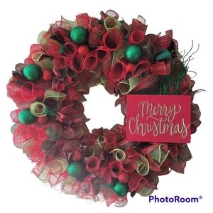 Large Red and Green Christmas Wreath Door Hanger  with Ornaments and Wooden Sign